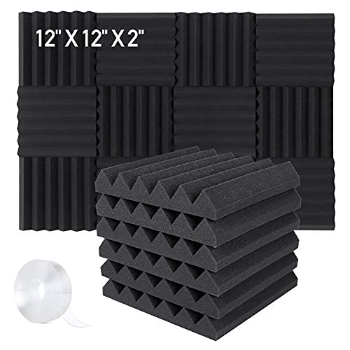 Focusound 48 Packs Acoustic Foam Panels Wedge 2" X 12" X 12", Soundproofing Foam Noise Cancelling Foam with Double-Side Tape