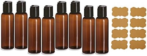 SanDaveVA Brand 2oz Plastic Bottles Amber PET Qty 8 w/Smooth Black Disc Top Cap and Kraft Labels 60ml BPA Free