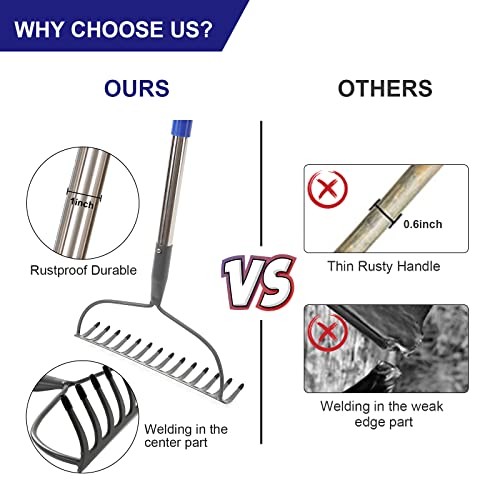 Bow Rake , 5FT Heavy Duty Stainless Steel Gardening Rake, Suitable for