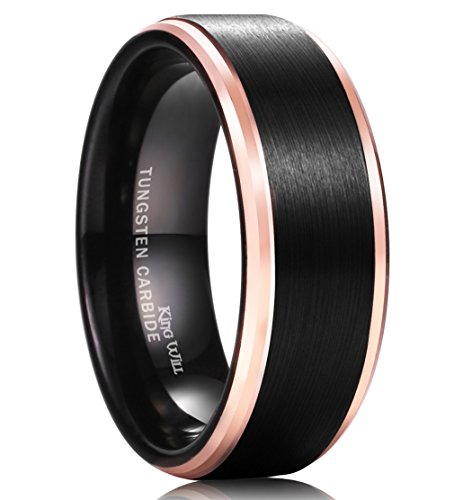 King Will DUO Mens 8MM Black Tungsten Carbide Ring Matte Brushed Wedding Band Rose Gold Plated Beveled Edge(7)
