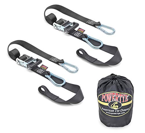 PowerTye 1½" x 6½ft Heavy-Duty Ratchet Tie-Downs, Made in USA with Soft-Tye and Carabiner Hooks + Storage Bag, Black/Black (pair) - Thumbnail 5