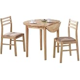 CARTESIAN 3-Piece Drop Leaf Dining Set, Natural Wood Table and 2 Chairs with Beige Cushions, Small Space Kitchen Furniture