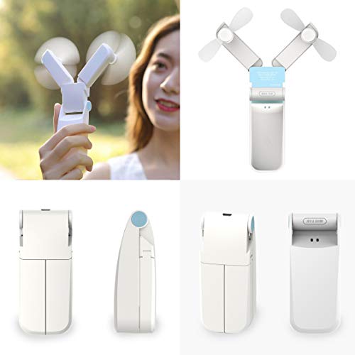 Dual Head Mini Portable Fan USB, Handheld Personal Fan, Small Pocket Foldable Desk Fan for Home Office Traveling Or Hiking, Lithium Battery Operated Rechargeable Patented Degisn, Blue White.