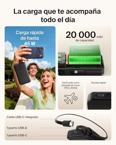 UltraCharge Batería Externa 20000 mAh Cable USB-C y Pantalla - Negro