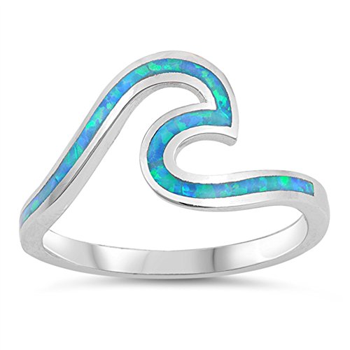 Blue Simulated Opal Ocean Wave Boho Surfer Ring .925 Sterling Silver Band Sizes 4-10