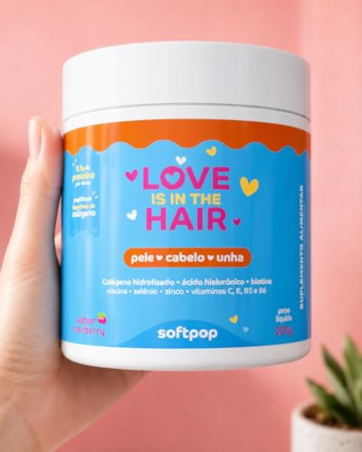 Softpop Love is in the Hair | Colágeno Hidrolisado com Ácido Hialurônico, Biotina, Vitamina C, Zinco e 9 Aminoácidos | Pele, Cabelo e Unhas | 200g
