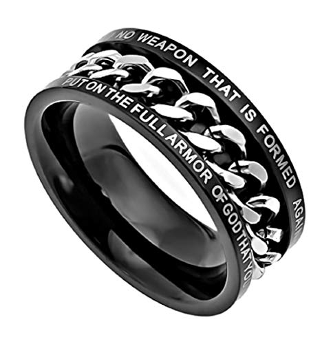 Isaiah 54:17 Band, acero inoxidable negro, cadena giratoria, anillo de versículo bíblico cristiano