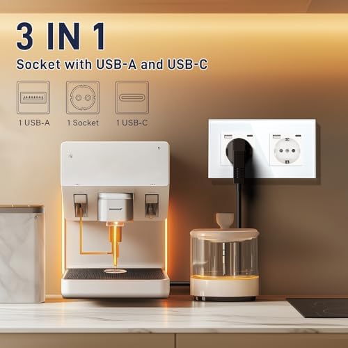 USB Steckdose Doppel Weiß Schuko Wandsteckdose mit USB Anschluss (Max. 2.1A) Typ C Port Unterputz Steckdose Glas Ladegerät für Handys, Laptops etc