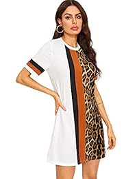 Vestido de túnica con estampado de leopardo y manga corta, color liso, mujer