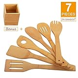 Kitchen Cooking Utensils Set - 6 Pieces Bamboo Wooden Spoons & Spatulas And 1 Holder As Bonus
