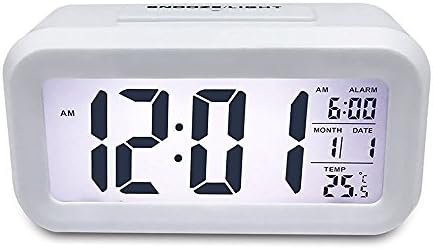 Alarm Clock Slim Digital Clock Large Display Travel Alarm Clock with Calendar &amp; Large Display and Smart Night Light(white Backlight) Lcd Travel Alarm Clock and Home Alarm Clock (White)