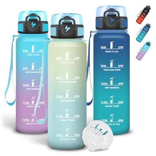 Grsta Water Bottle 1 Litre, Water Bottle with Filter and Lacing, Leak-Proof Sports Water Bottle, Secure Locking, with Time Marking, Bottle for Camping, Jogging, Yoga