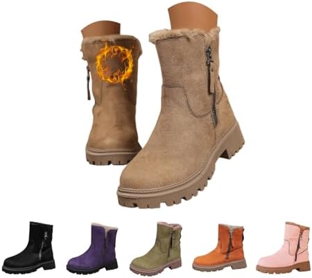 Snow Boots Womens Fur Lined Boot for Women Thermal Winter Ladies Walking Booties Warm Fluffy Anti-Slip Ankle Boots Zip Outdoor for Girls Solid Colour Booties