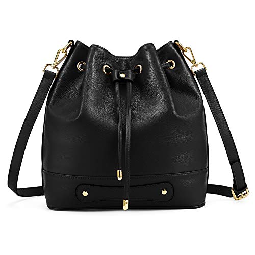 Kattee Drawstring Bucket Bag for Women, Cowhide Leather Crossbody Purse Shoulder Bag (Black)