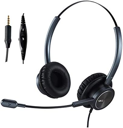 MKJ Corded 3.5mm Headset with Microphone for Laptop Wired Cell Phone Headset with Mute Button Noise Cancelling Compatible with Computer iPhone Huawei Xiaomi Samsung ZTE BlackBerry etc Smartphones