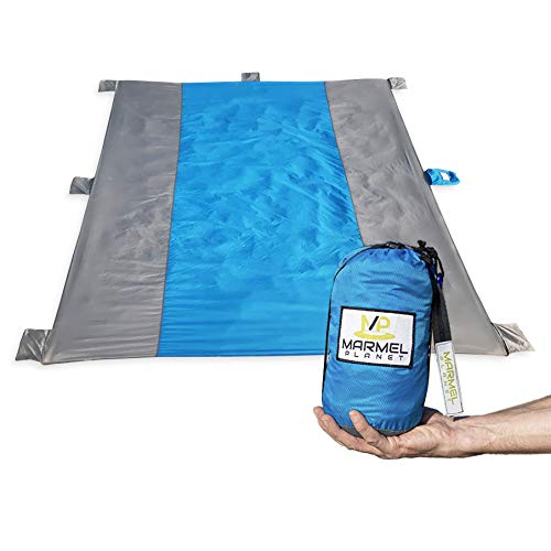 XL Sand Proof Beach Blanket by Marmel Planet – Compact Picnic Mat – 9×10 Highly Durable Ripstop Nylon – Lightweight – Repels Water – Zipper Pocket – Attached Storage Bag – BONUS Waterproof Bag