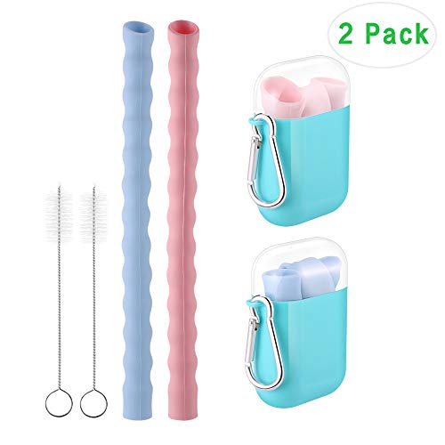 Vantic Collapsible Boba Silicone Straws - Portable Smoothie Straws Reusable, Final Drinking Straw Set with Cleaning Brush & Case, for Bubble Tea, Milkshakes, Jumbo Drinks(pink blue)