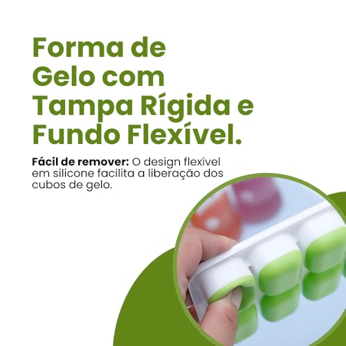 Kit 4 Formas de Gelo com Tampa Rígida Fundo Silicone Flexível 14 Cubos | Ideal para Bebidas, Ideal para Frutas, Ideal para Papinha, Ideal para Alimentos