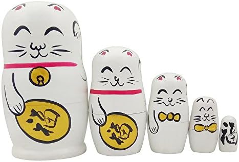 Set of 5 Pieces Lucky cat Wood Handmade Russian Nesting Doll Kids Toys for Birthday Valentine's Day Ornament Present