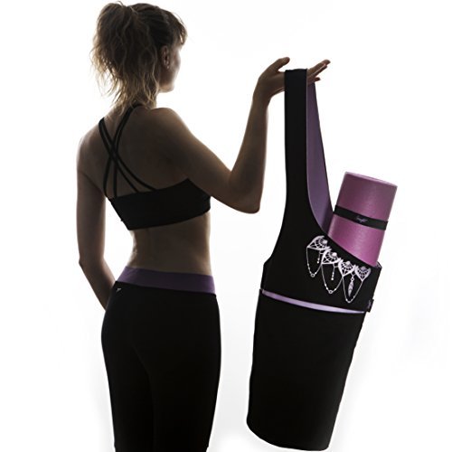 Zenifit Yoga Mat Bag - Long Tote with Pockets - Holds More Yoga Accessories. Cute Yoga Mat Holder with Bonus Yoga Mat Strap Elastics. Black and Lavender Purple Yoga Mat Bags