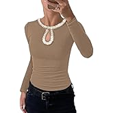 Ninimour Women Long Sleeve Shirt Going Out Top Rhinestone Sequin Keyhole Neck Knit Ribbed Slim Casual T-Shirt