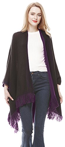 Lovful Women Winter Warm Faux Cashmere Feel Poncho Capes Scarf Shawl Cardigans Sweater Coat,BlackPurple - Thumbnail 5