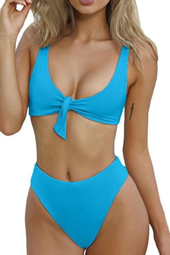 ESONLAR Women Sexy Knotted Front Cropped Top Bikini Sets Thong Swimsuit Blue M