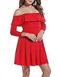 Zeagoo Women Casual Floral Off Shoulder Sexy Mini Cocktail Party Pleated Dress (Small, Red-2)