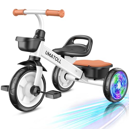Umatoll Tricycle for Toddler 2-5 Year Old, Toddler Bike Outdoor Toys with Adjustable Seat&Light-Up Wheels, Birthday Gift for Boys Girls Ages 2–4 (White)