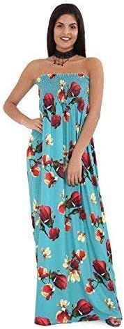 FASHIONCHIC Women,Ladies Sheering Gather Boobtube Bandeau Printed Long Summer Strapless Ladies Printed Summer Maxi Dresses (S/M, Mint Floral)