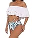 Creabygirls Floral Print Flounce Two Piece Swimsuit High Waist Ruffled Off-Shoulder Bathing Suit (M US6-8, Flounce top) White