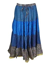 Mogul Interior Womens Erika Blue Skirt Tiered Flared Belly Dancing Silk Medium