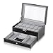 NEX Watch Box Mens Watch Case Organizer 12 Slot Double-Layer PU Leather Jewelry Display Drawer Glass Top with Lock, Black