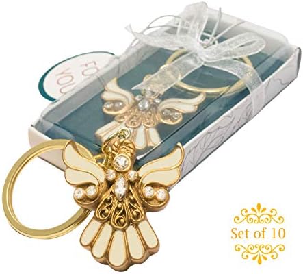 Keychain - Beautiful Gold Angel Wedding, Baptism Favors. Gifts for Guests (Gold, Set of 10)