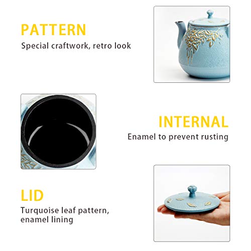 Tea Kettle, TOPTIER Japanese Cast Iron Tea Kettle with Infuser, Stovetop Safe Cast Iron Tea Kettle, Leaf Design Cast Iron Tea Pot Coated with Enameled Interior for 22 oz (650 ml), Turquoise Blue - Thumbnail 2