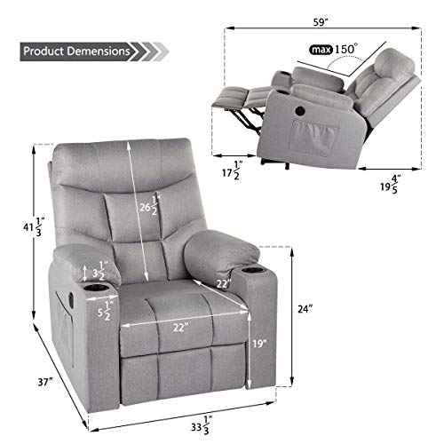 YODOLLA Electric Power Recliner Chair, Recliner Sofa with Massage & Heat Function, Lazy Boy Recliner Chair with Side Pockets and Cup Holder, USB Ports, Gray