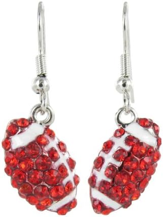 Mini Pavé Football Rhinestone Fish Hook Earrings - Red Crystal and White Enamel Stripes