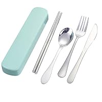 certainPL 4-Piece Silverware Set Stainless Steel Utensils Chopsticks Forks Spoons Knives Set Portable Travel Cutlery Flatware Set (Green)