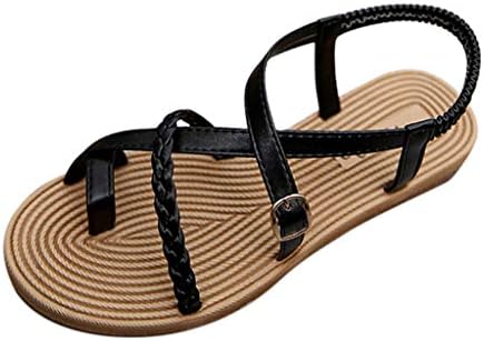 KonJin Women Sandals Flat Summer Open Toes Casual Elastic Band Belt Buckle Roman Beach Shoes Back T-Bar Flower Fashion Flat Diamante Flip Flop Sandals