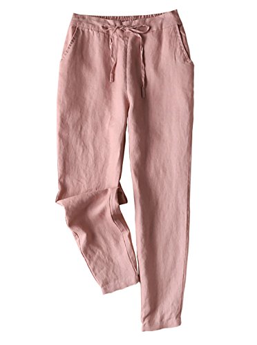 Yimoon imoon Women's 100% Linen Drawstring Back Elastic Waist Tapered Cigarette Pants Trousers (Pink, Medium)