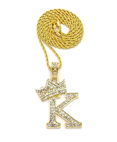 Stone Stud Allover Tilted Crown Initial K Pendant with 3mm 18" Rope Chain Necklace, Gold-Tone
