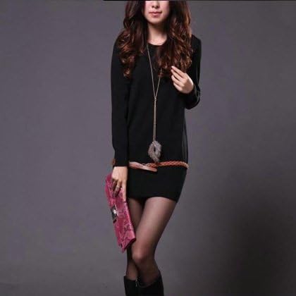 Amazon 14高品質の冬のプルオーバーの女性はカジュアルなニットドレス韓国人女性の長い袖ニットセータートップスドレスセーター Black One Size セーター 通販