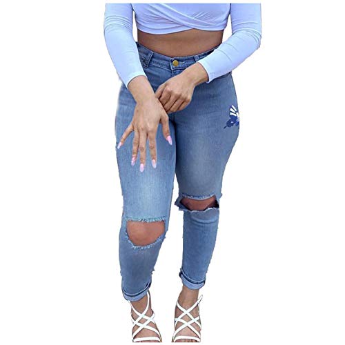 WUAI-Women Plus Size Ripped Boyfriend Jeans Stretch High Rise