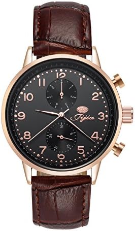 Luismia Leather Watch, Genuine Leather Strap Band Watch with Gold Dial Plate for Adult Men and Women, Japan Movement Time and Date Display Quartz Wrist Watch (Black rose)