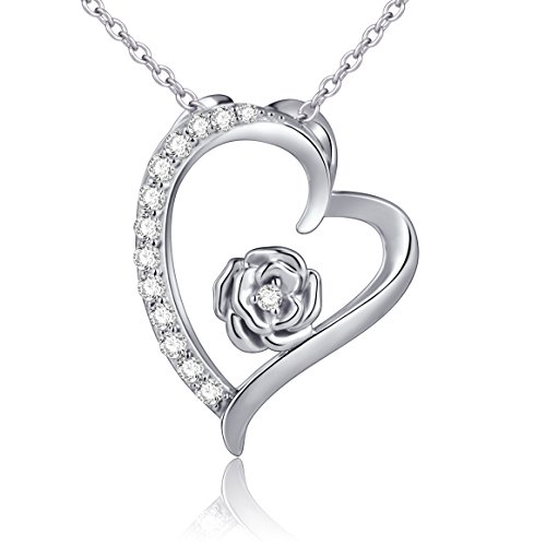 925 Sterling Silver White Cubic Zirconia Flower Brilliant Rose Heart Pendant Necklace for Women, 18