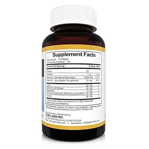 CGM-Labs Vision Care, Lutein 40mg, Zeaxanthin, Vitamin A, Bilberry Extract, 90 Softgel