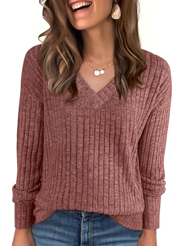 ANRABESS Long Sleeve Shirts for Women V Neck Casual Fall Tops Loose Fit Lightweight Sweaters Tunic Fashion 2025 Clothes