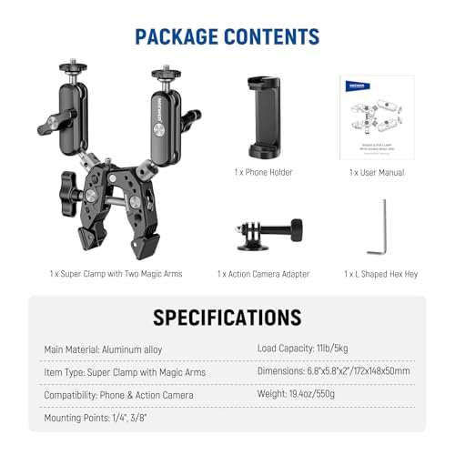 NEEWER Heavy Duty Super Clamp with Two 360° Dual Ball Head Magic Arms, 1/4" 3/8" Screw Threads, Phone & Action Camera Mount Adapter for Flat/Round Surface Compatible with GoPro DJI Insta360 DSLR