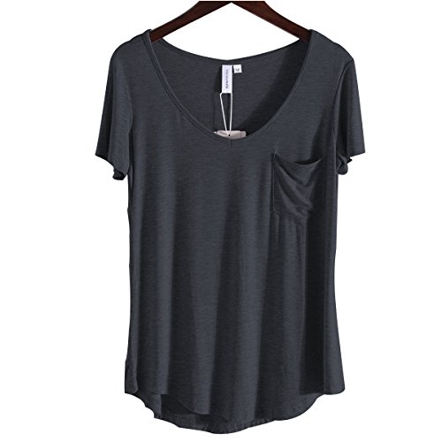 LUFENG Women's Casual V Neck T-Shirt Short Sleeve High Low Tunic Loose Blouse Tops with Pocket - Thumbnail 3
