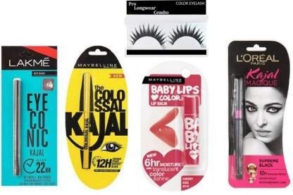 Lily England Black Eyeconic Kajal, Colossal Kajal, Magique Kajal, Eye Lashes, Baby Lips Balm Combo Pack Of 5 Items